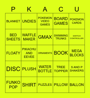 Pikachu Bingo Card