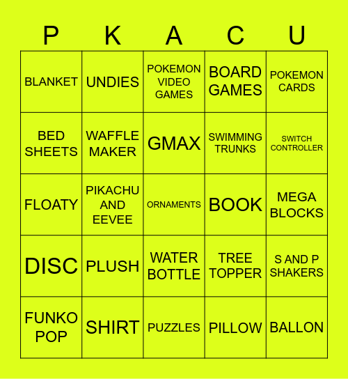 Pikachu Bingo Card