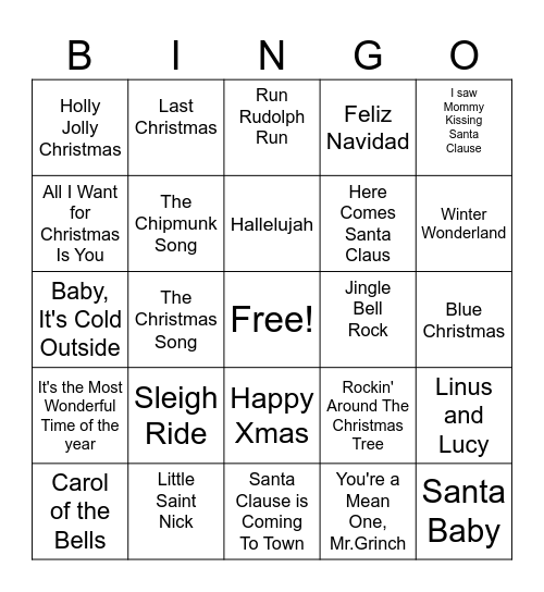 Christmas Song Bingo Card