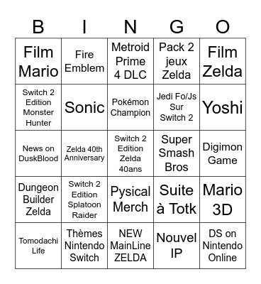 Nintendo Direct Bingo Card