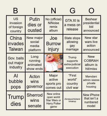 2026 Predictions Bingo Card