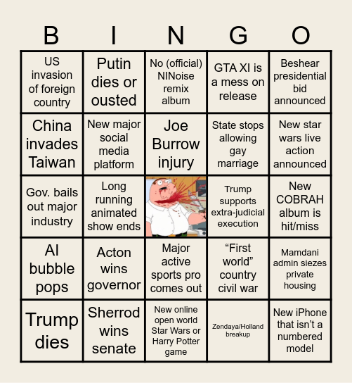 2026 Predictions Bingo Card