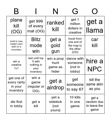 Fortnite vs cole Bingo Card