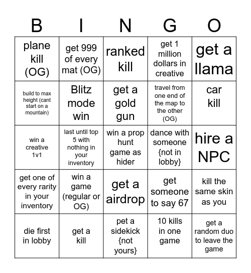 Fortnite vs cole Bingo Card