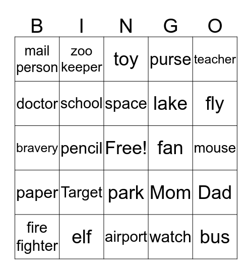 Nouns Bingo Card