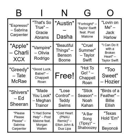 Hot Hits of 2024 Bingo v2 Bingo Card