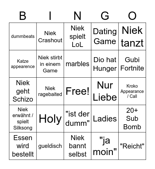 Niek 2026 Stream Bingo Card