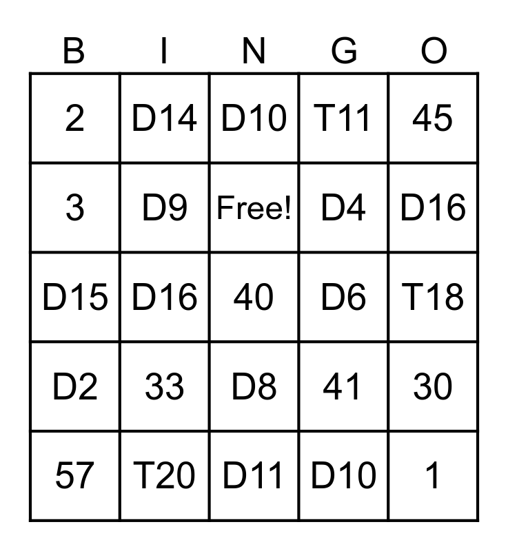 Dart Bingo Card