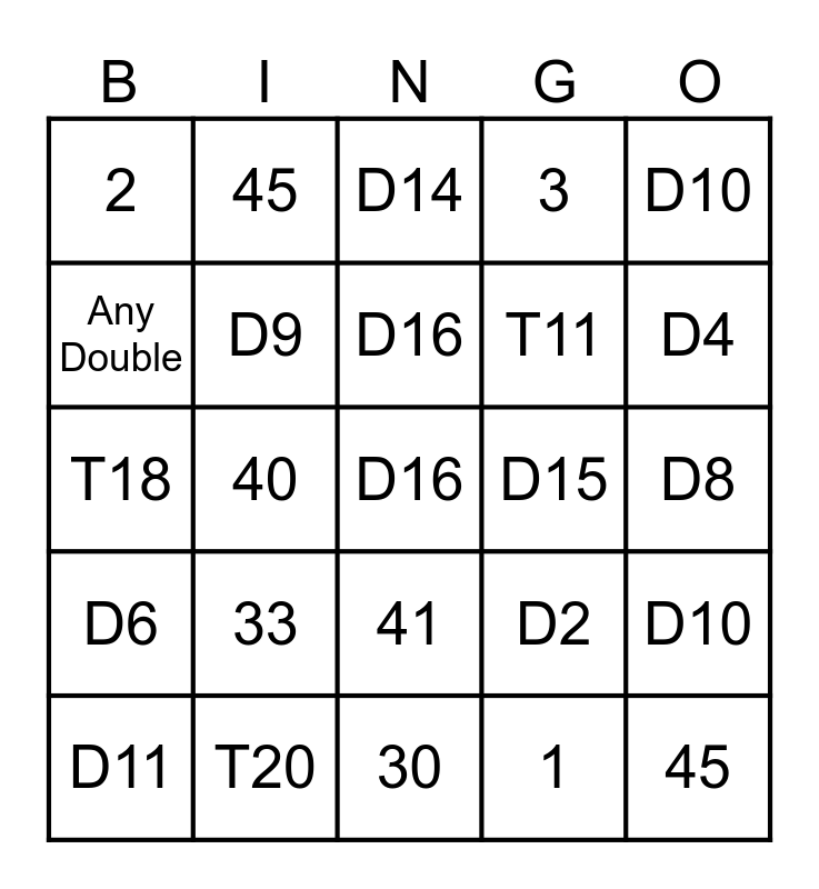 Dart Bingo Card