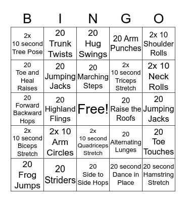20 reps of Fitness Fun! Bingo Card