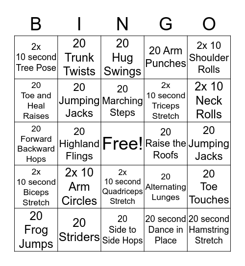 20 reps of Fitness Fun! Bingo Card