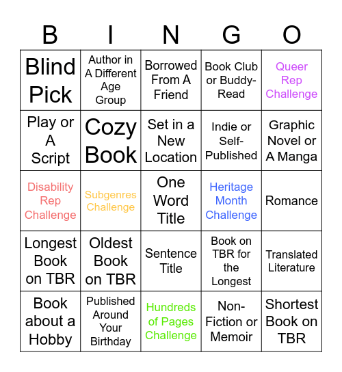 Lane's 2026 Reading Bingo Card