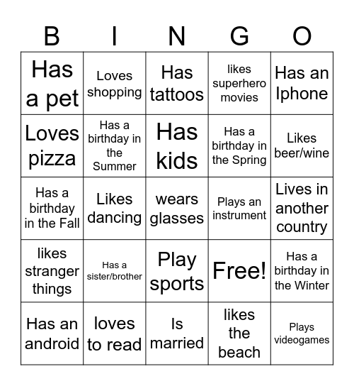 Let's get to know one another! Bingo Card