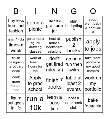 2026 goals Bingo Card