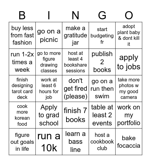 2026 goals Bingo Card