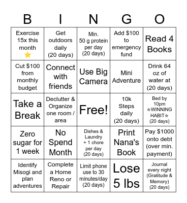 Monthly BINGO - January Bingo Card