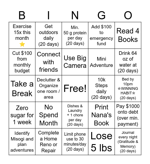 Monthly BINGO - January Bingo Card