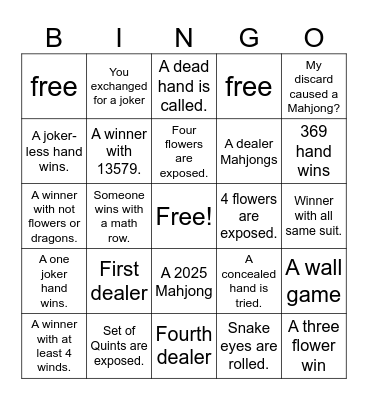 Mahjong Bingo -- Mark X for Yes Bingo Card