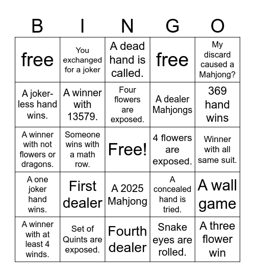 Mahjong Bingo -- Mark X for Yes Bingo Card