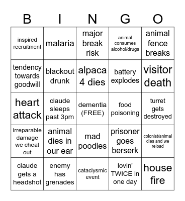 rimworld Bingo Card