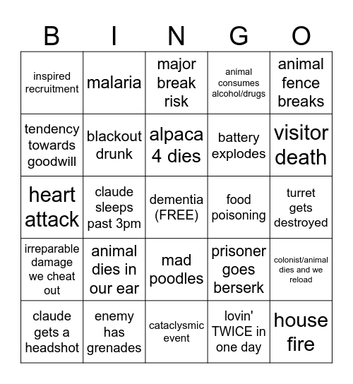 rimworld Bingo Card