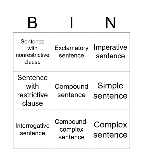 Grammar Review Bingo Card