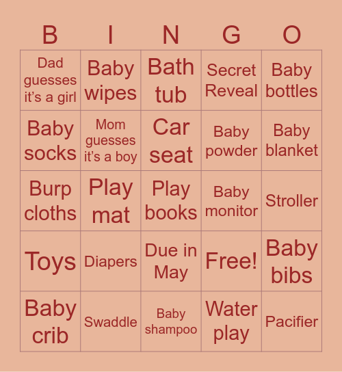 Baby Reveal Bingo Card