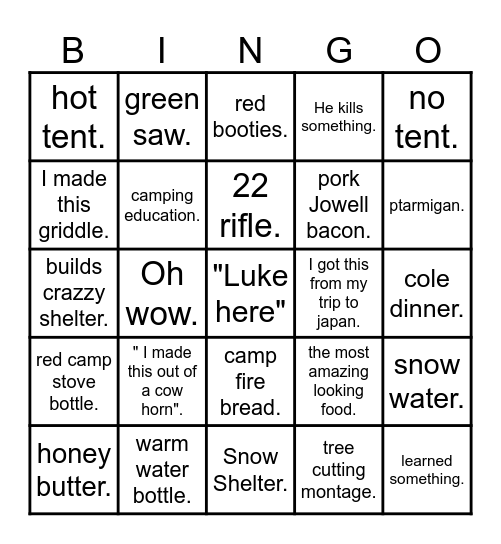 Outdoor boys bingo. Bingo Card