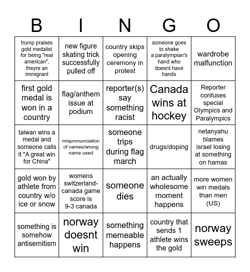 olympics Bingo Card