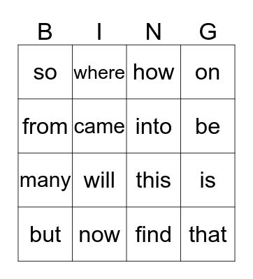 Kindergarten Sight Words Bingo Card