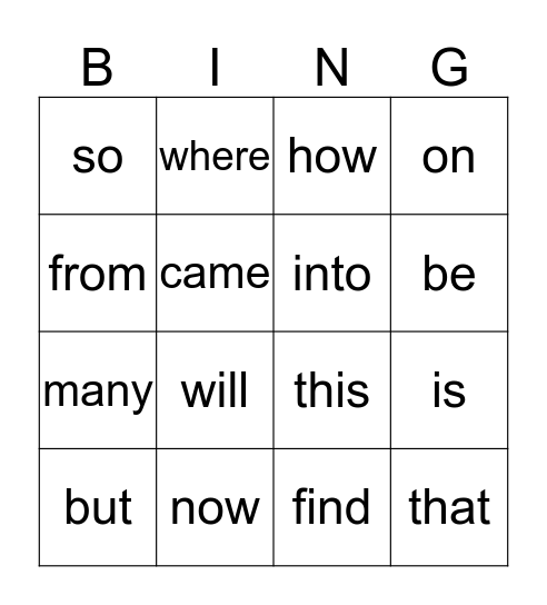 Kindergarten Sight Words Bingo Card