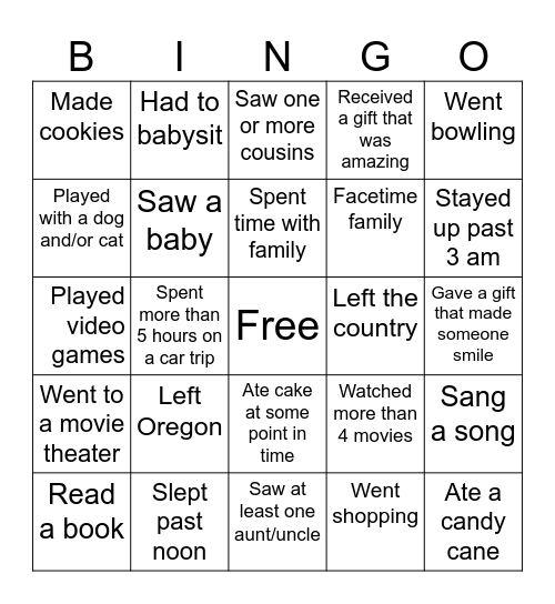 Over winter break...Find someone who.... Bingo Card