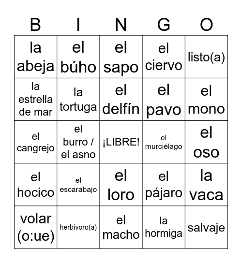 Animales del Mundo Bingo Card