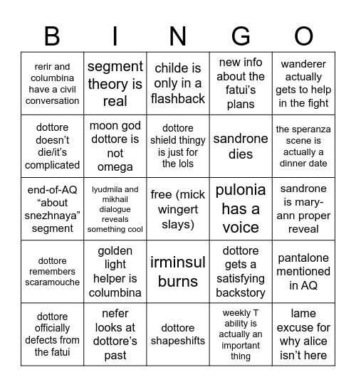 Luna IV Bingo Card