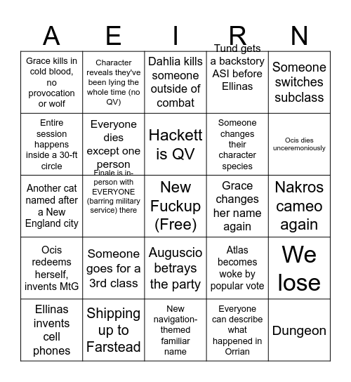 Aeirn 2026 Bingo Card