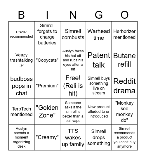 Simrell Stream Bingo! Bingo Card