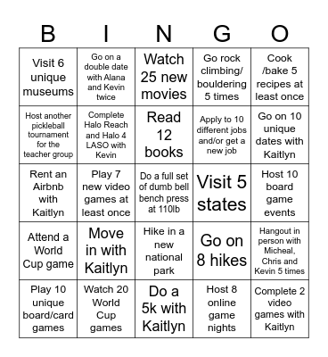 Jack’s 2026 Bingo Card Bingo Card