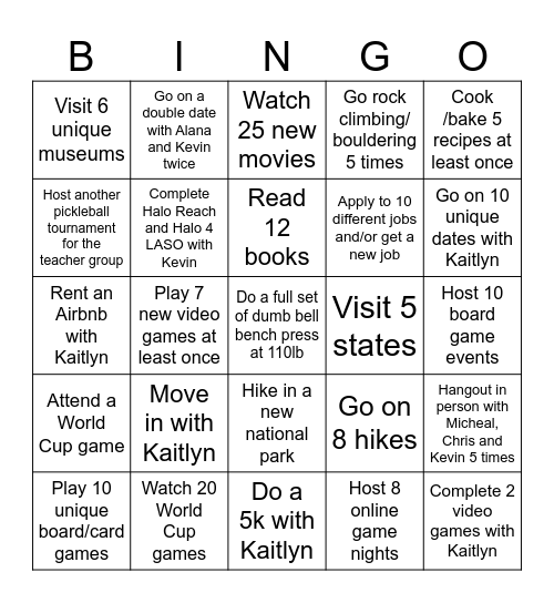 Jack’s 2026 Bingo Card Bingo Card