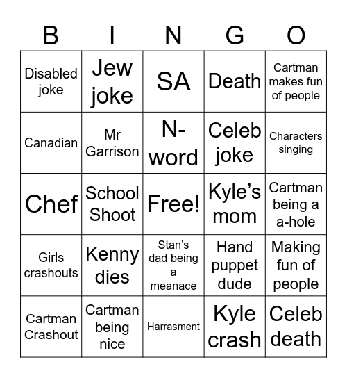 South Park Bingo Card