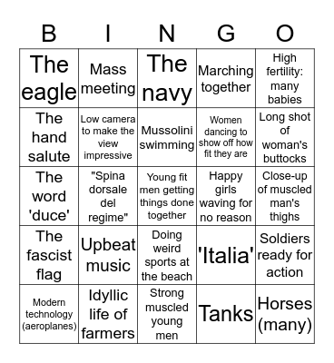 Italian Fascist Propaganda Bingo of the film 'Giovinezza' Bingo Card