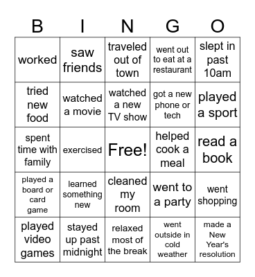 Winter Break Bingo Card