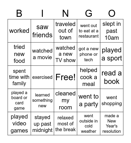 Winter Break Bingo Card