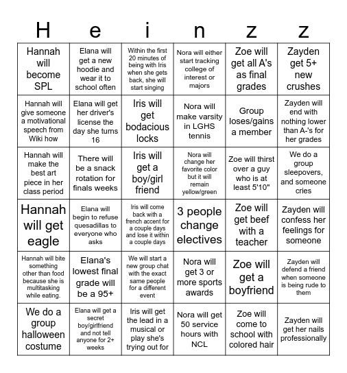 2026 Heinzz Bingo Card