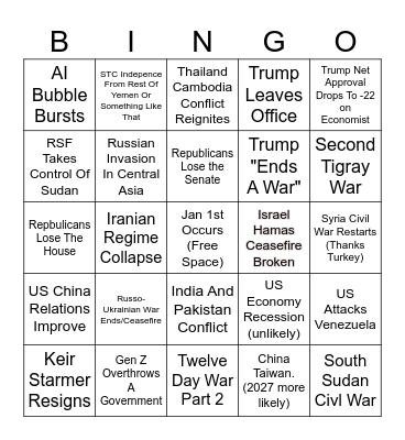 2026 Geo Politics/World Events Bingo Card