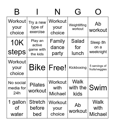 January Fitness Challenge Bingo Card