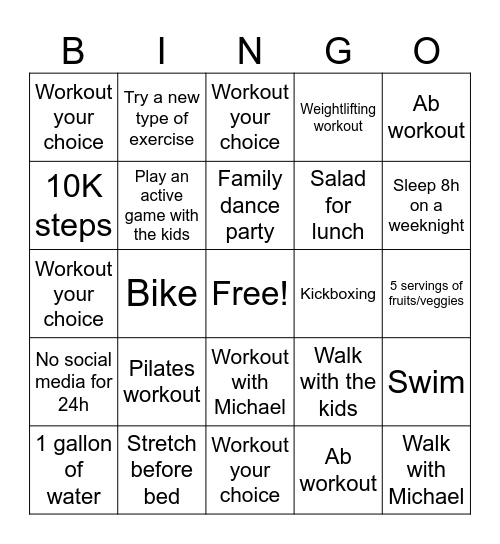 January Fitness Challenge Bingo Card