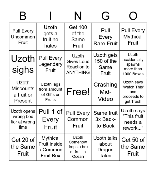 Uzoth Gift Opening Bingo 2025 Bingo Card