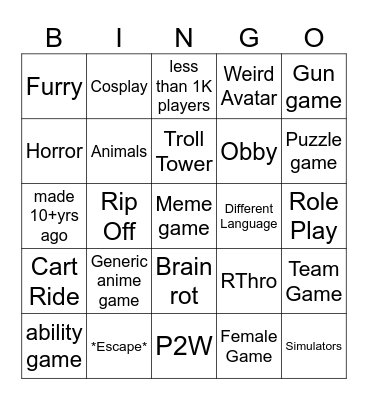 Roblox Bingo Card