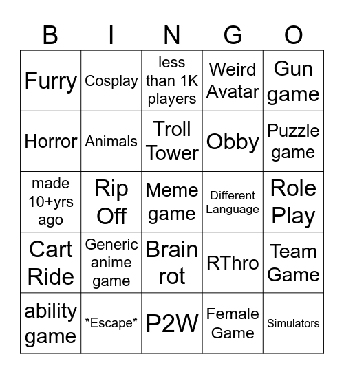 Roblox Bingo Card