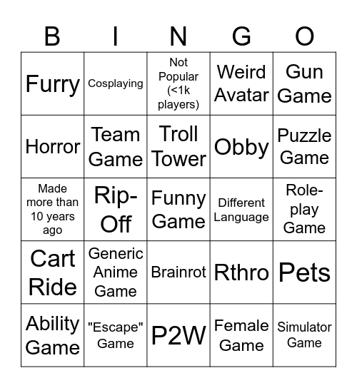 Roblox Bingo Card